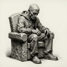 rock dude sitting in a stone chair looking at his hands, in the style of stepehn gemmel, charcoal and ink on cold pressed paper, zbrush, high detail, atmospheric