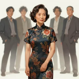 concept art for a middle - aged chinese teacher with permed hear and a floral dress, by dustin nguyen, akihiko yoshida, greg tocchini, trending on artstation, 8 k