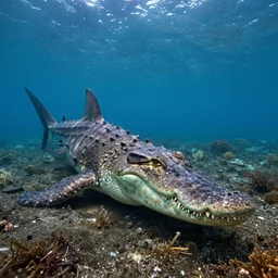 a crocodile shark!!! hybrid! hyper realistic!! realistic lighting!! wildlife photographer of the year!!! bold natural colors, national geographic, hd, wide angle, 8 k