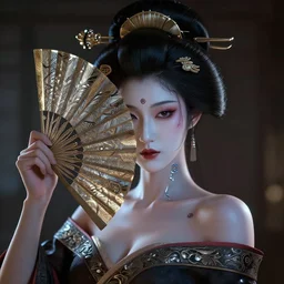 a hyper realistic photograph of a stunningly beautiful cyborg geisha, covering face with a intricate sci - fu metallic fan, dark moody backlighting, soft lighting, ray tracing, octane render,