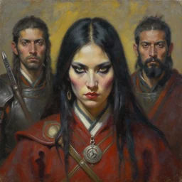 the face of a frightening powerful knight goddess of shamans, oil on canvas, by jeffrey catherine jones and enki bilal and winslow homer