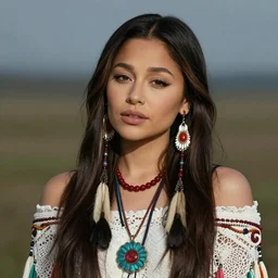 ariana grande as a beautiful native american from 300 years ago, colour, photography, realistic,