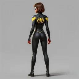 full body character turnaround of a woman in an orb weaver outfit, character sheet, matte painting, spiderman!!, spiderwoman!!, john singer sargent, good value control, highly detailed portrait, character turnaround, digital painting, concept art, sharp focus, smooth, 3 d model, illustration, realistically proportioned body, black color and yellow scheme, black main color