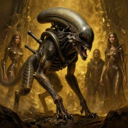 epic professional digital art of hungry like alien wolf, eerie dim gold lighting, painted, intricate, detailed, complex, foreboding, by leesha hannigan, wayne haag, reyna rochin, ignacio fernandez rios, mark ryden, iris van herpen, hdr, 8 k, epic, stunning, gorgeous, much wow, cinematic, masterpiece