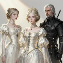 Pre-Raphaelite Ciri from Witcher 3 by Artgerm and Greg Rutkowski, wearing haute couture by schiaparelli, sharp focus, sun rays, intricate, elegant, highly detailed, digital painting, pale