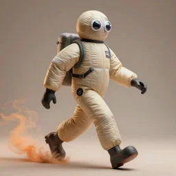 a single striding slender figurine of a tall giant inflated hazmat suit wearing man, long bendy arms and legs, googly eyes, tareme eyes, small head, personification, dynamic pose, detailed product photo, tone mapped, beautiful composition, orange mist swirling at feet, 8 5 mm, f 5. 8