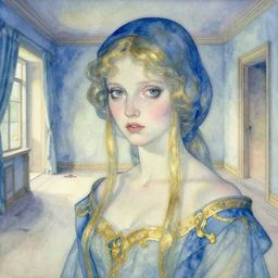 close up of a girl in a blue and gold haunted liminal abandoned room, watercolor by gottfried helnwein, by hammershøi, art noveau, highly detailed, lights by edward hopper, liminal, eerie, bright pastel colors