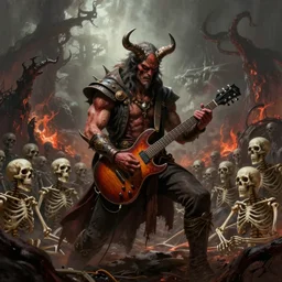 Diablo, the lord of destruction, playing electrical guitar in hell for a crowd of skeletons. Digital painting. Realistic