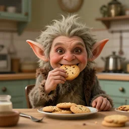 high quality presentation photo of a real cute goblin eating cookies in a retro kitchen, photography 4k, f1.8 anamorphic, bokeh, 4k, Canon, Nikon