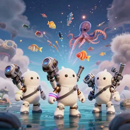 scifi scene, universe landscape, three cute monsters, hold mechanical weapons, wearing brand of off white style, catching colorful fishes + sepia + octopus, with depth of field, octane render, neon hand sports bracelet, standing on the water ground, with splatoon + ratchet & clank : rift apart style, smoke war, comic paint, anorld render, unreal engine render, vfx, octane render, highly quality, artstation, 4 k,