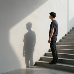 man standing in the shadows on his wall next to stairs and looking up at a star shaped light fixture hanging from ceiling above him. photo.
