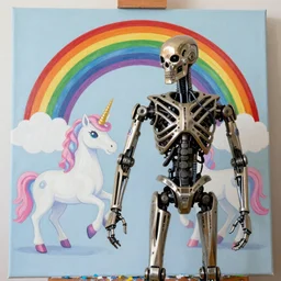 hyperrealistic photo of terminator robot painting unicorns and rainbows on a canvas