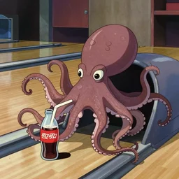 a liminal space monster that hides in bowling allies and drinks dropped soda, it is a vampire octopus, art by miyazaki, painted, film strip, high quality, animated film, vintage, grainy