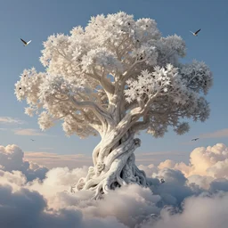 a beautiful digital painting of a marble tree entertwined in tumutluous clouds, intricate white branches and birds flying in the sunlight, blue sky at sunset, elegant, highly detailed, artstation, concept art, matte, sharp focus, art by tom bagshaw, kelogsloops and greg rutkowski