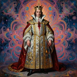 beautiful oil painting, full length portrait of vampire!!!!! dauphinois in baroque coronation robes 1 7 0 1, blood, dan mumford, dan mumford, alex grey, hyacinthe rigaurd, highly detailed, lsd visuals, dmt fractal patterns, visionary art, psychedelic art, ornate, vaporwave, baroque, greg rutkowski