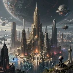 an extremely detailed masterpiece epic color scene of a futuristic city massive high rises and its'extraterrestrial citizens on an earth like planet, in the style of h. r. giger, elegant, highly detailed, digital painting, artstation, cinematic lighting, extremely moody lighting, glowing light and shadow, 4 k