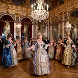 in the versailles hall of mirrors, queen marie - antoinette dances in the foreground with her ladies - in - waiting at a masked ball. all high ladies are dressed in colourful, opulent robes embroidered with glittering sequins. the hall of mirrors features ornate crystal chandeliers with glowing candles and golden ornaments. photorealism red velvet curtains on the windows with night lights outside