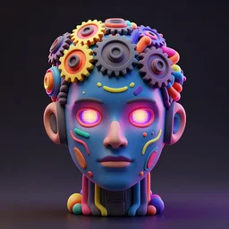 a glossy claymodel of a futuristic robot head, top of the head is made of gears and multicolored glowing tubes, glowing digital eyes, 8 k, front shot, symetrical, flourescent colors, halluzinogenic, multicolored, insanely detailed, 3 d render, octane