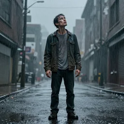 a man standing in the rain looking up toward the sky pondering life Daz 3d horror