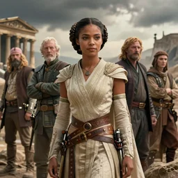 detailed ultrarealistic photography front medium shot of starwars, fantasy, ancient greek, postapocalyptic, nomad leia organa leyendecker, norman rockwell, greg rutkowski, artstation cinematic, vray game of thrones, lord of the rings