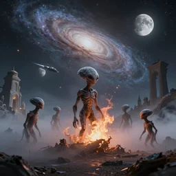 spontaneous combustion of alien creatures in a misty planet near andromeda, night sky with 2 moons background, elegant architectural ruins in background, hdr, 8 k, spacecraft jet in the background, volumetric lighting, hyperrealistic, octane render, bokeh chris mullins moebius yasushi nirasawa style