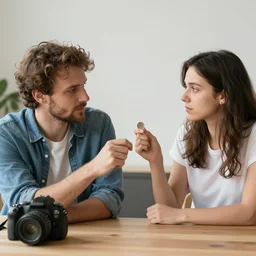 photograph of husband and wife flipping a coin to settle an argument, dslr photography