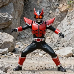 High Fantasy Kamen Rider, 4k, vibrant colors, rock quarry location, glowing eyes, fantasy inspired dragon armor made out of pvc plastic, action scene, daytime, rubber suit,