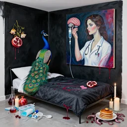 bedroom with black dripping walls and a futon, peacock, berry juice dripping, a sensual portrait of a female pathologist holding a brain, intravenous drip, wilted flowers, pomegranate, candles, octopus, pancakes, berries, surgical supplies, scientific glassware, candles, neo - expressionism, surrealism, acrylic and spray paint and oilstick on canvas
