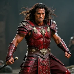 film still from conan the barbarian, jason momoa as conan, wearing royal crimson fantasy ornate spartan dragon scale armor, volumetric lighting, wet skin and windblown hair, muscular!!!, battle action pose, ridley scott, high contrast