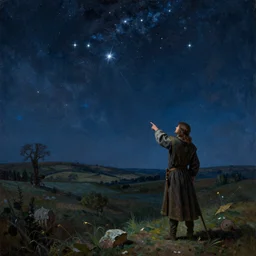 a man pointing to the northern star in the sky, night time, middle ages, wide angle, oil painting