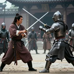 xianxia fantasy, wuxia, xuanhuan martial artist fighting european knight, chinese swordsman fighting medieval european swordsman, fantasy, wuxia, pseudo - medieval fantasy, cinematic, 1 9 8 6 movie screenshot, french swordsman fighting chinese swordsman