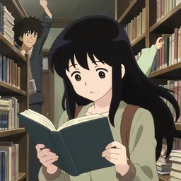 anime visual, portrait of a young female traveler in library interior reading, cute face by ilya kuvshinov, yoh yoshinari, dynamic pose, dynamic perspective, cel shaded, flat shading mucha, rounded eyes, moody, psycho pass, kyoani, paprika