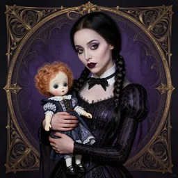 beautiful cottagecore Ariana Grande as Wednesday Addams holding a Coraline doll, Black Hair, Goth, gothic, castlevania, intricate, elegant, highly detailed, digital painting, artstation, concept art, smooth, sharp, focus, illustration, art by artgerm and greg rutkowski and alphonse mucha