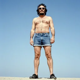 fidel castro wearing denim shorts and sunglasses, low angle, full body portrait, 3 5 mm film, clear face, by nan goldin