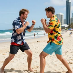 a colorful vibrant candid vacation modern photo of a man getting into a fist fight australia gold coast wearing shorts and an aloha shirt beach in background