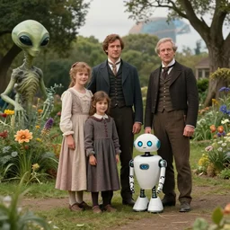 1612800mm film still from a sci fi blockbuster color movie made in 2019, set in 1860, of a human family standing in a park, next to some alien plants and flowers, their cute humanoid robot is standing next to them, on an alien planet, the family are all wearing 1850s era clothes, good lighting, good photography