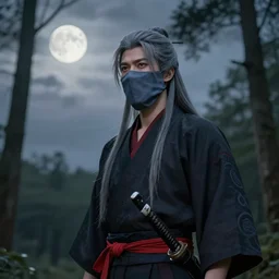 samurai standing calmly wearing a fabric mask, long gray hair, in. forrest, sky is cloudy and full moon, a red ribbon on his clothes, sword