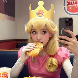 funny picture of Princess Daisy eating at burger king, wearing a paper crown, Iphone HDR selfie, instagram