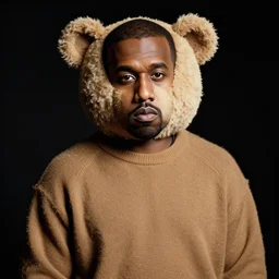a ( ( chiaroscuro lighting portrait ) ) of kanye west ( ( ( dressed as teddy bear mascot ) ) ), black background, ( ( ( portrait by julia margaret cameron ) ) ), shallow depth of field, 8 0 mm, f 1. 8