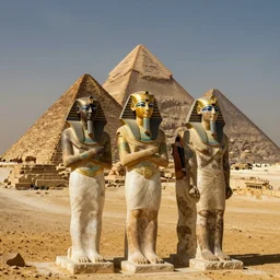 realistic photo of egyptian gods standing in front of the pyramids