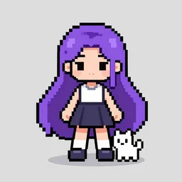 pixel art of a female game character with purple long hair and a small pet