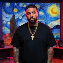 ultra realistic portrait of dj khaled in a studio, ultra detailed, under blue, red and yellow cinematic lighting, by van gogh, cartoon, monument valley, escher