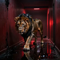 the lioness made of tar, stalking prey in a long dark hallway, viscous, sticky, full of black goo, covered with black goo, splattered black goo, dripping black goo, dripping goo, splattered goo, sticky black goo. photography, dslr, reflections, black goo, zoo, exhibit, rim lighting, red light, cinematic light, horror