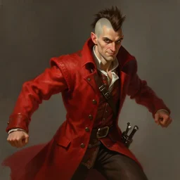 medium-length portrait of a male half-elf dashing swashbuckler with a mohawk and brown eyes, fair skin, cocky expression, wears a bright red longcoat, medieval setting, highly detailed, digital painting, artstation, concept art, sharp focus, illustration, art by greg rutkowski and alphonse mucha
