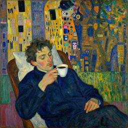 a * poetic * portrait of a sleepy man drinking a cup of coffee, early morning. by egon schiele. with collaboration from ernst ludwig kirchner, otto dix, paul serusier, kurt schwitters, max beckmann, max herman pechstein, gustav klimt, alexei von jawlensky