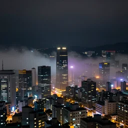 modern korean cityscape at night, low clouds, foggy, colorful lighting, dark atmosphere, dim volumetric lighting, 8 k octane render, hdr, postprocessing, hyperdetailed, intricate, epic composition, cinematic lighting, masterpiece, trending on artstation, by nathan walsh, by greg rutkowski