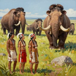painting of native americans and a herd of mammoths, artstation, vibrant, colorful, ultra detailed