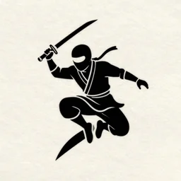 tattoo design, stencil, a ninja jumping in the air slashing a sword