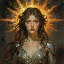 stunning, breathtaking, awe-inspiring award-winning concept art nouveau painting of attractive cyborg Ashley Liao as the goddess of the sun, with anxious, piercing eyes, by Alphonse Mucha, Michael Whelan, William Adolphe Bouguereau, John Williams Waterhouse, and Donato Giancola, cyberpunk, extremely moody lighting, glowing light and shadow, atmospheric, cinematic, 8K