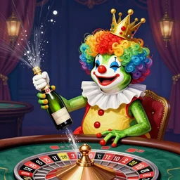 Clown Frog King popping champagne at the roulette table clown frog king wearing clown makeup and rainbow wig, clown crown artwork by R. Crumb